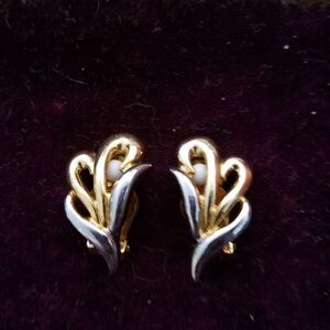 Vintage Gold & Silver Tone Scroll Pattern Clip-On Earrings Retro Jewelry